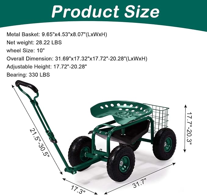 VINGLI Garden Cart, Garden Seat with 360°Swivel Chair, Storage Tool Tray & Steering Handle, Garden Stool with Wheels for Gardening, Patio, Yard, and Outdoor Work (Green)