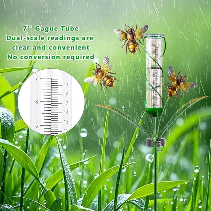 Solar Rain Gauge with 7-Inch Plastic Tube, Bee Rain Gauge Outdoor-Decorative Rain Water Gauges Garden Stake for Yard, Lawn, Patio