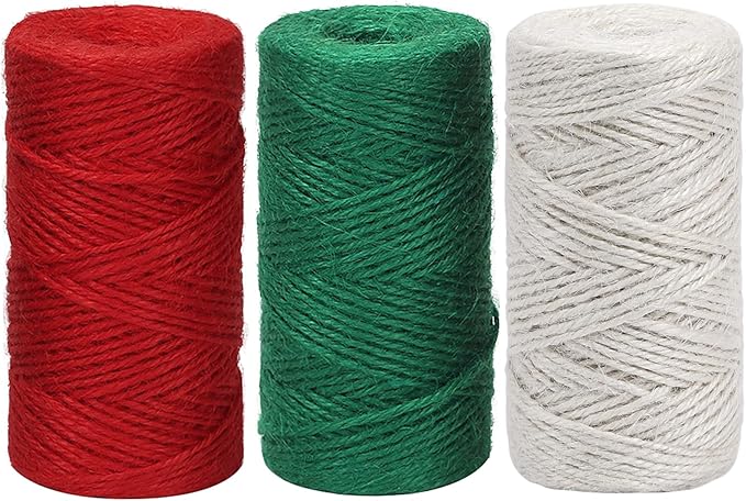 Vivifying Garden Twine String, 328 Feet x 3 Rolls 2mm Red Green White Jute Twine for Gift Wrapping, Gardening, DIY Crafts, Packing