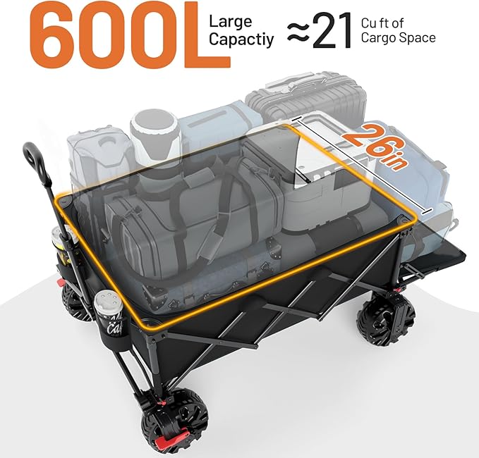 TIMBER RIDGE 600L Beast Wagon 26" W Extra Wide All Terrain Folding w/Big Wheels, Cargo Net & Tailgate, 400lbs Heavy Duty Portable Cart 54.5" L Large Collapsible Wagons for Camping, Sports, Dogs, Black