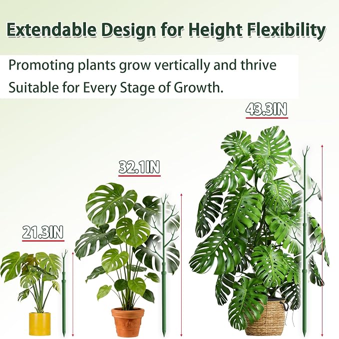 Telescoping Monstera Plant Support Stakes,17IN to 43IN Detachable Branch Plant Sticks Support Tall for Indoor Outdoor Climbing Plants,Adjustable Length Plant Accessories for Potted Plant-2 Pack
