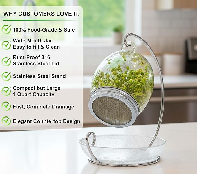 Premium Sprouting Jar Kit - Unique 30 oz Wide Mouth Sprouting Jar, Stand, Tray and 316 Stainless Screen Lid | Decorative Indoor Seed Sprouter and Germinator (1 Kit)