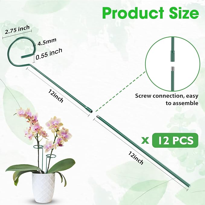 Unves 24 Inch Plant Stakes Tall, 12 Pack Garden Plant Support Stakes,Two Sizes(12" or 24") Single Stem Plant Cage for Outdoor Indoor Plants Orchid, Tomatoes, Peony, Lily, with 100 Pcs Twist Ties