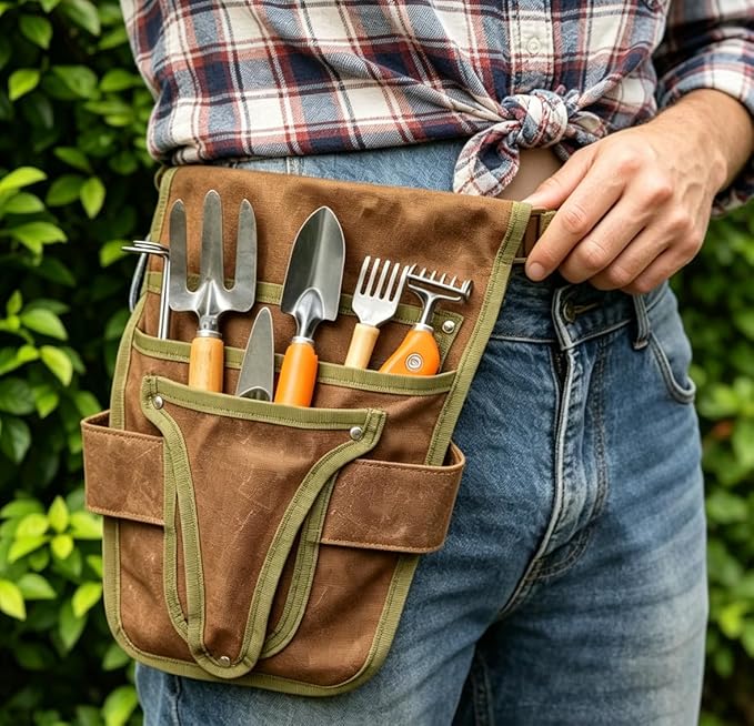 Gardening Tool Pouch for Waist, Hands-Free Canvas Tool Belt with 6 Pockets – Adjustable Waist Apron for Trowel, Pruner & Weeder (Gardening Tools NOT Included)-(Brown)