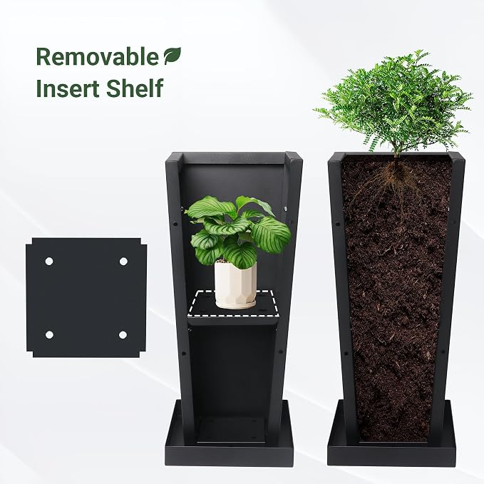 26" Metal Tall Outdoor Planters Set of 2, Durable & Wealtherproof | Tall Planters with Drainage Insert Shelve & Trays, Black Outdoor Planters for Porch, Garden, Yard