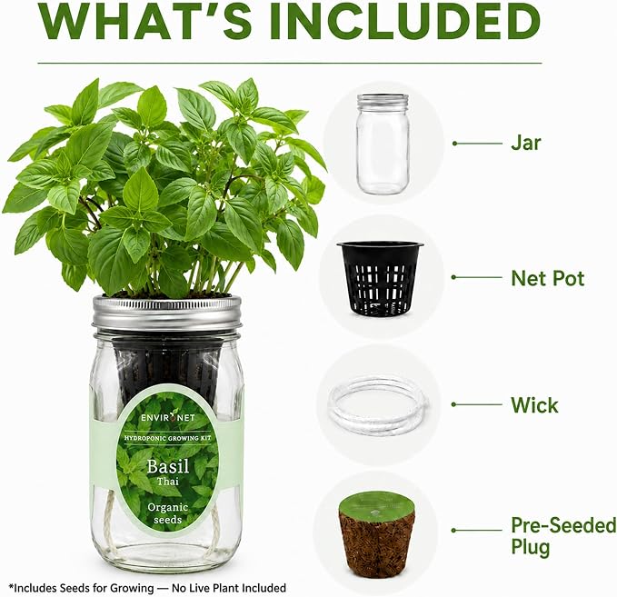 Hydroponic Herb Growing Kit, Self-Watering Mason Jar Herb Garden Starter Kit Indoor, Windowsill Herbs Garden, Grow Your Own Herbs from Organic Seeds (Thai Basil)