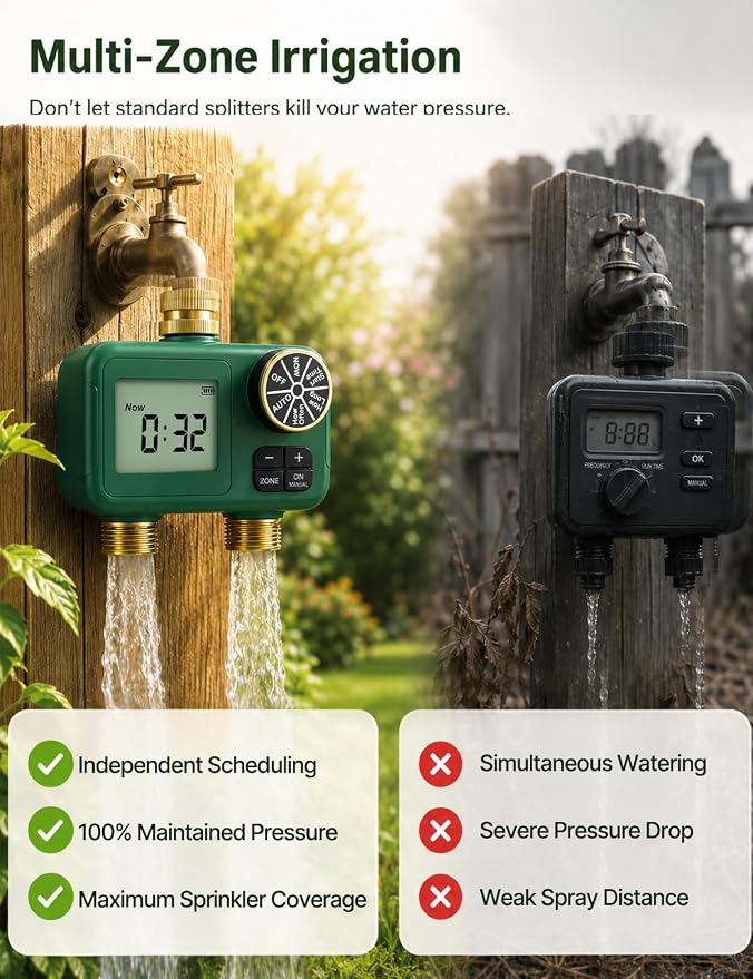 MOES 2-Zone Water Timer for Garden Lawn Hose — 3/4" Brass Inlet & Outlets, Independent Dual-Outlet Sprinkler Timer, Programmable Irrigation Controller with Rain Delay & Manual Mode, Battery Powered