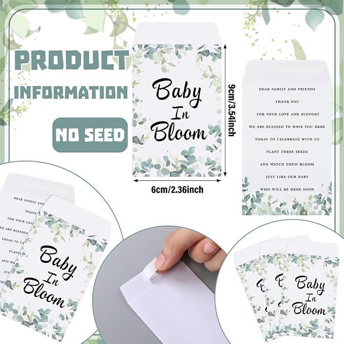 Ctosree 50 Sets Eucalyptus Leaf Baby in Bloom Baby Shower Seed Packets Favors for Guests Include Self Adhesive Seed Packets (No Seeds) Clay Plastic Flowerpot Thank You Tags Hemp Rope Organza Gift Bags