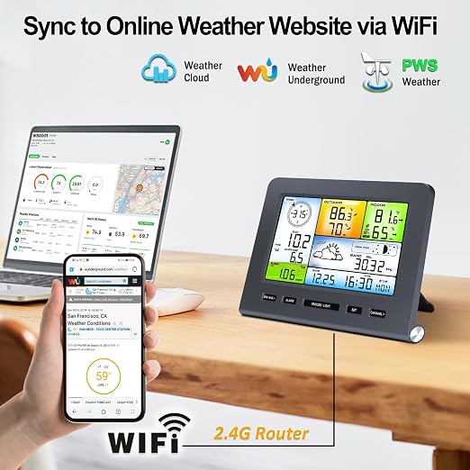 Urageuxy Wireless Weather Station Indoor Outdoor with WiFi, Rain Gauge, Wind Speed/Direction Sensor, Temperature, Humidity, Weather Forecast