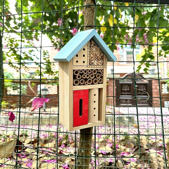 Wooden Insect Hotel for Garden - Bee House & Ladybug House, Pollinator Bug Hotel/Bug House to Attract Beneficial Garden Insects (Blue)
