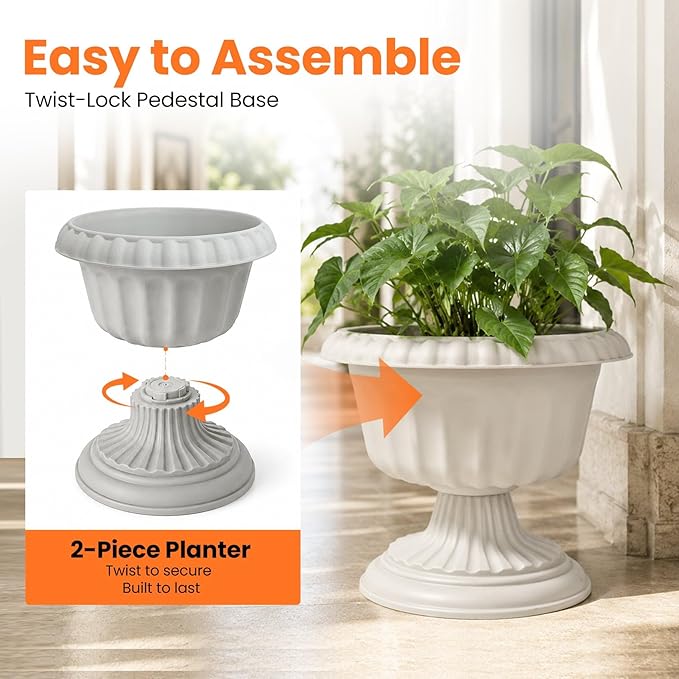 Usocik 12 Inch PP Resin Urn Planters 4 Pack Stone Gray | 4 pack stone gray PP resin urn planters with solid bottom for patio garden wedding event porch and entryway decor