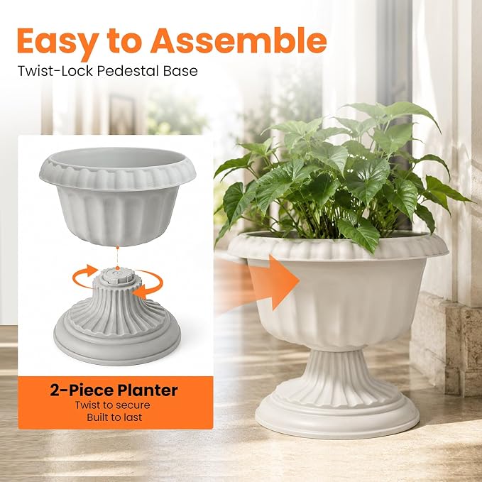 Usocik 12 Inch PP Resin Urn Planters 2 Pack Stone Gray | 2 pack stone gray PP resin urn planters with solid bottom for porch patio entryway balcony and indoor decor
