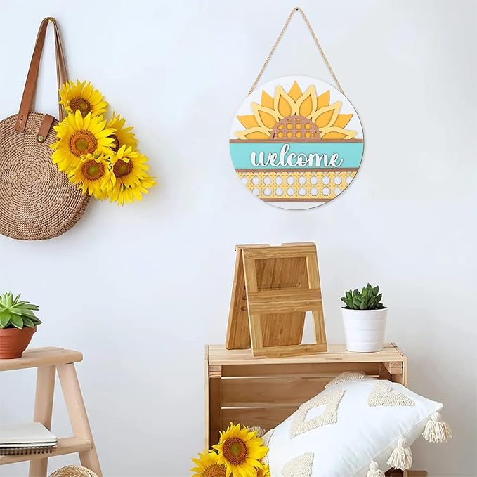 HOURIA 3D Summer Sunflower Welcome Door Sign,11.4 Inches Yellow Flower Summer Wood Wall Decor,Farmhouse Sunflower Decorations for Home,Office,Wreath,Indoor,Outdoor