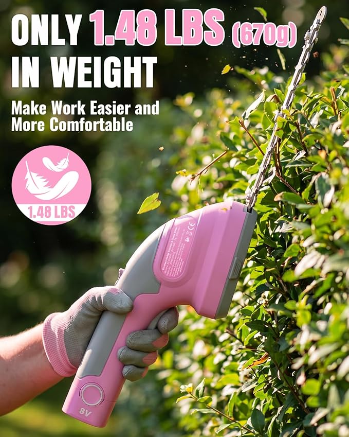8V Cordless Hedge Trimmer & Grass Shear, 2-in-1 Handheld Shrub Trimmer with 2000mAh Removable Battery, 2 Interchangeable Blades for Bushes, Shrubs & Lawn Edging (Pink)