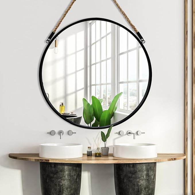 POZINO Round Mirror with Rope, 24 Inch Circle Hanging Wall Mirrors, Black Frame Farmhouse Decorative Mirror for Entryway, Living Room, Fireplace, Bedroom, Bathroom