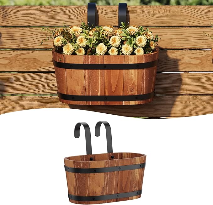 Railing Planters for Outdoor Plants Balcony Hanging Flower Pots with Detachable Hooks, Window Flower Box Hanging Bucket Pots Fence Planters for Garden Home Decor(Brown-1pack, Small)