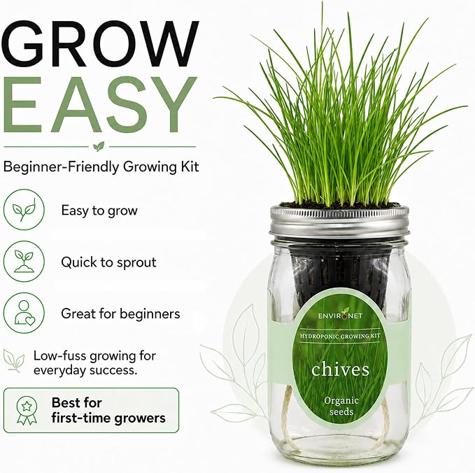 Hydroponic Herb Growing Kit, Self-Watering Mason Jar Herb Garden Starter Kit Indoor, Grow Your Own Herbs from Organic Seeds (Chives)