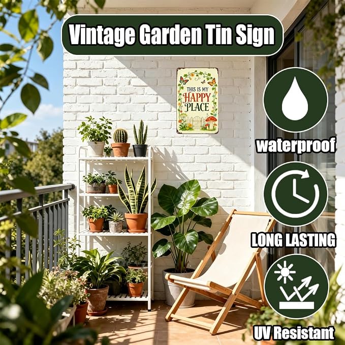 This Is My Happy Place Metal Garden Sign for Gardener Plant Lover, Rustproof Outdoor Wall Art for Patio Porch Fence, Vintage Tin Decor 12x8 Inch (3015)