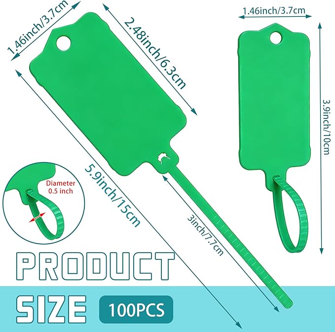 LeonBach 100 PCS Plastic Shipping Tags, 1.46" x 2.48", Waterproof Labels Writable Hanging Tag with Sealing Strap, Shipping Cable Tie Label Tags for Keys Luggage Logistic Retail Inventory(Green)