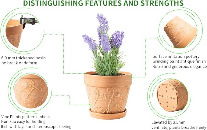 Melphoe Plant Pots Indoor with Drainage & Saucer, 2Pack 7 inch Flower Pots Outdoor Planters for Indoor Plants Garden Home Decor Cactus Succulent, Rigid Plastic (Imitation-Terracotta) Vine-Embossed