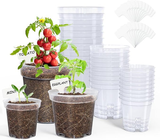 homenote Nursery Pots 30 Pack,3/4/5 Inch Plant Pot for Planting, Clear Nursery Pots for Plant,Plastic Seedling with Drainage Holes Seed Starter Flower High Transparency 20 Labels Excellent Hardness