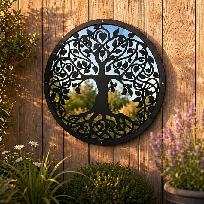 Sun Catcher Garden Decor Tree of Life Garden Mirror 50cm, 19.6 Inches Diameter Round Framed Mirror Outside Back Acrylic Fixings Included, Colour:Black