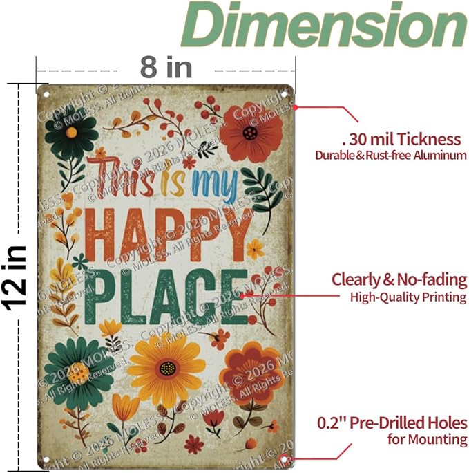 Vintage Garden Sign – 'This Is My Happy Place' | 12x8″ Floral Metal Garden Decor for Outside, Gardening Gifts for Women & Mom, Plant Lover Gifts, 2682