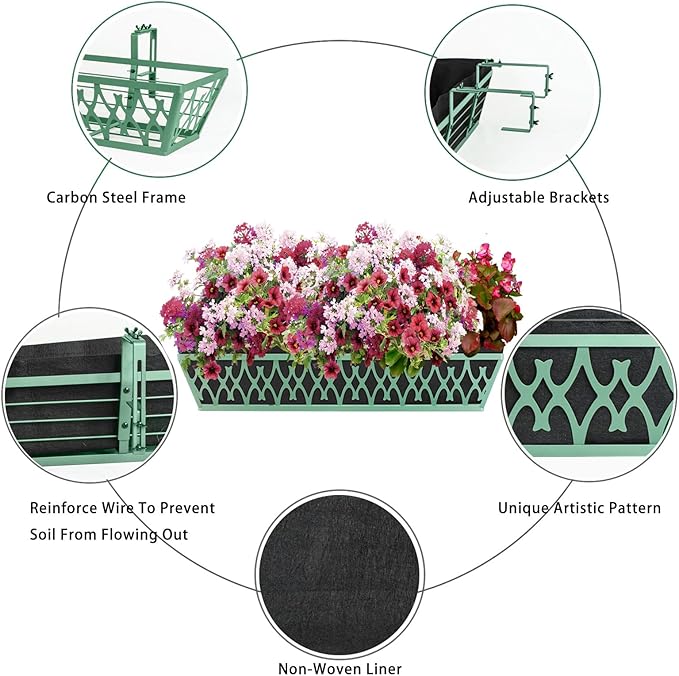 4 Pack 30 Inch Window Boxes Planters Railing Planter Box with Adjustable Brackets & Non-Woven Fabric Plant Grow Bags Deck Railing Planter Boxes Balcony Hanging Flower Box for Outdoor Plants