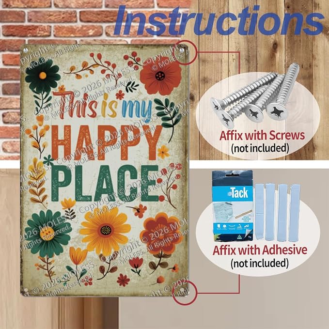 Vintage Garden Sign – 'This Is My Happy Place' | 12x8″ Floral Metal Garden Decor for Outside, Gardening Gifts for Women & Mom, Plant Lover Gifts, 2682