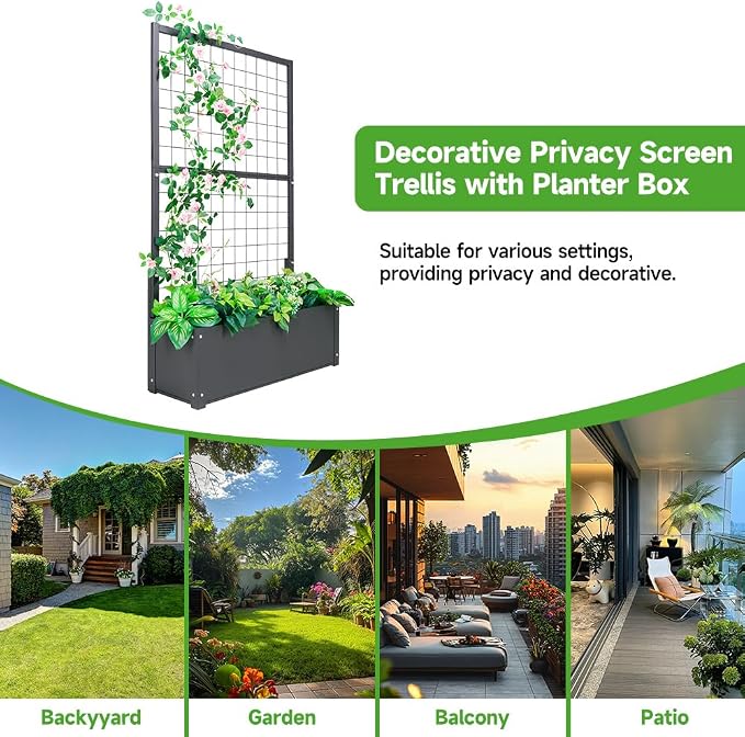 Garden Bed with Trellis Outdoor, Metal, 59in Tall | Metal Frame, 59in Tall Trellis for Climbing Plants, 12in Deep Planter, Drainage Holes, Privacy Screen, Garden Bed for Patio