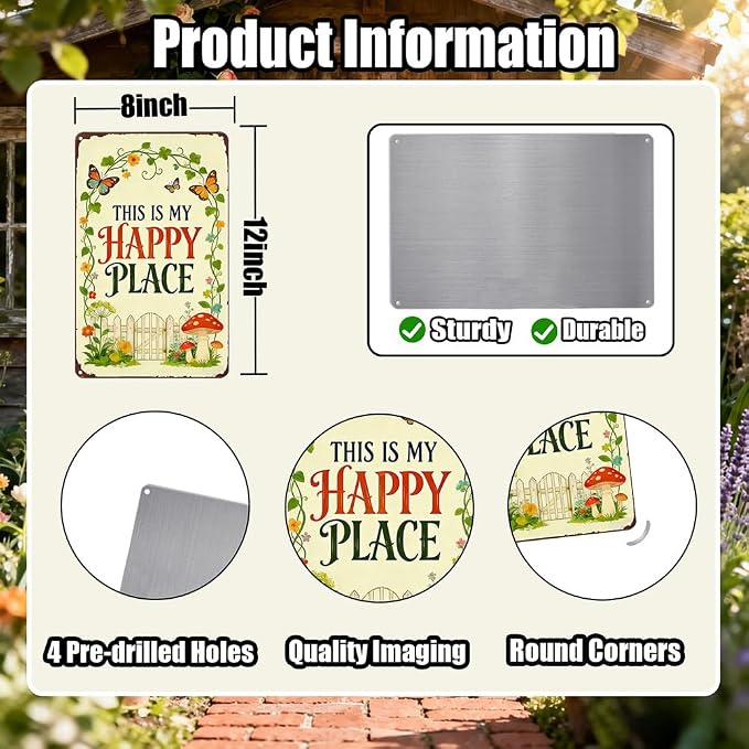 This Is My Happy Place Metal Garden Sign for Gardener Plant Lover, Rustproof Outdoor Wall Art for Patio Porch Fence, Vintage Tin Decor 12x8 Inch (3015)