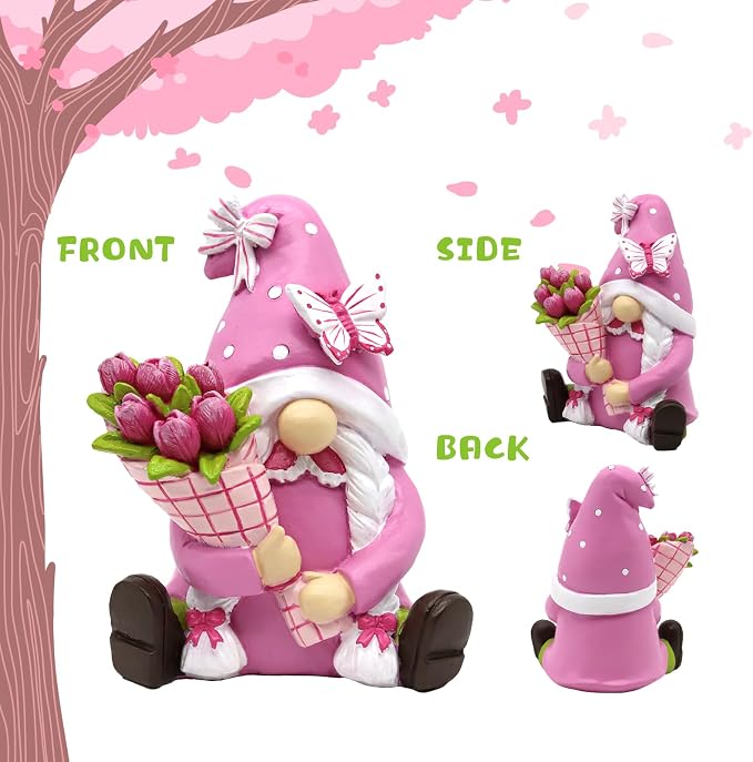 Spring Summer Gnomes Decorations for Home Office - Resin Pink Garden Gnomes with Butterfly Tulip - Retirement Gifts for Women Tiered Tray Decor