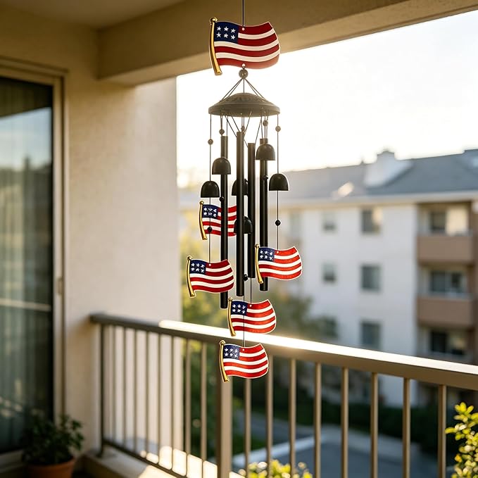 American Flag Patriotic Wind Chime, Red White Blue Aluminum Tube Wind Chimes Waterproof Hanging Ornament for Front Porch Garden Yard, 4th of July Independence Day Memorial Day Veterans Day Gift