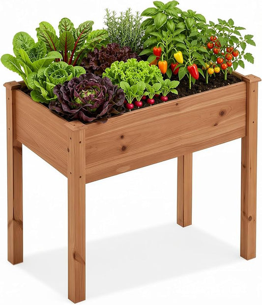 DUMOS Raised Garden Bed with Legs, 34x18x30 Inch Planter Box Outdoor with Liner for Herbs Flowers Vegetables, Elevated Wooden Garden Bed for Patio, Balcony and Backyard, Brown
