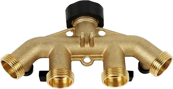 Lifynste 4 Way Brass Hose Splitter, 3/4" Brass Hose Faucet Manifold, Garden Hose Adapter Connector