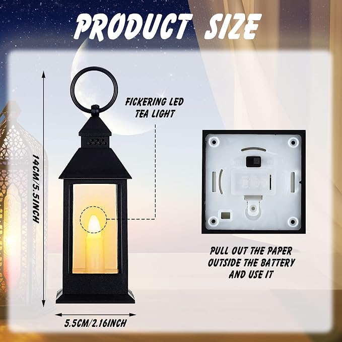 Hoolerry 24 Set 5.5'' Mini Lanterns with LED Candle for Wedding Centerpiece Vintage Decorative Hanging Small Lantern Battery Powered for Halloween Wedding Table Centerpiece(Black)