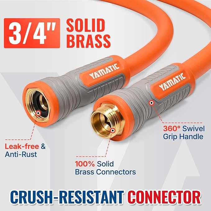YAMATIC Heavy Duty Garden Hose 5/8 in x 100 ft, Super Flexible Lightweight Water Hose, 360° Rotating Connector, 600 PSI Burst, Solid Brass 3/4" GHT Fittings, All-Weather