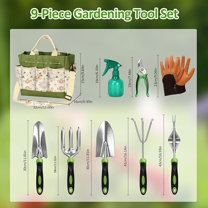 Garden Tool Set with Floral Bag,9-Piece Stainless Steel Gardening Hand Tool with Rubber Non-Slip Handle,Yard Tools Gifts for Women & Seniors,for Planting, Weeding & Seedling Transplanting