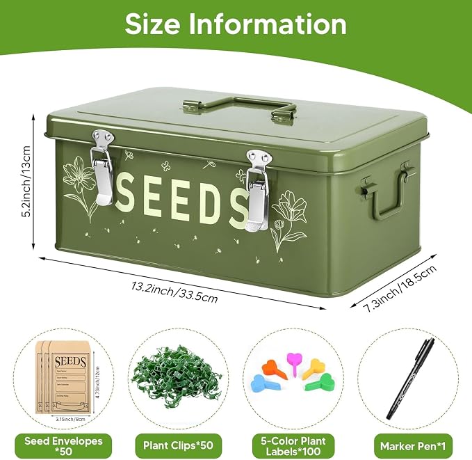 Seed Storage Organizer Box with 4 Compartments, Metal Seed Saving Container with Lockable Lid and Safety Locks, Includes 50 Envelopes, 100 Plant Labels, 50 Clips and Marker (Olive Green)
