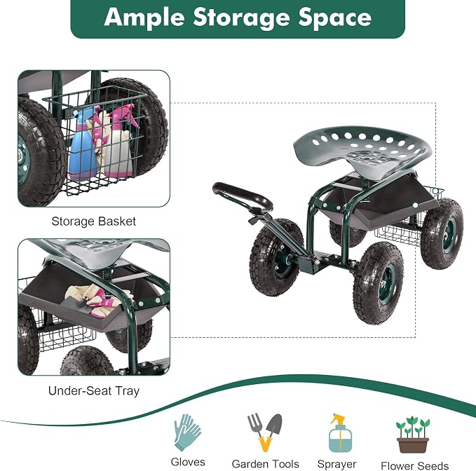 J-Sun-7 Garden Cart with Seat - Steel Rolling Garden Scooter Stool with Wheels, 360 Degree Swivel Work Seat, Adjustable Handle, Tool Tray, Basket, Gardening Stools for Seniors, Green