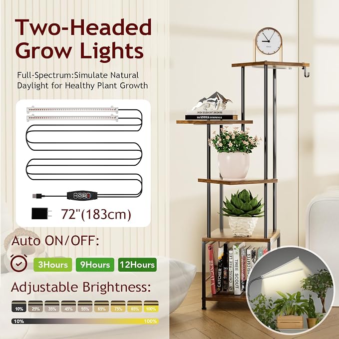Homsorout Plant Stand Indoor with Grow Light - 5-Tier Metal Plant Shelf with Hanging Basket Hook, Corner Tall Flower Holder for Multiple Plants, Living Room Balcony Garden Patio, Rustic
