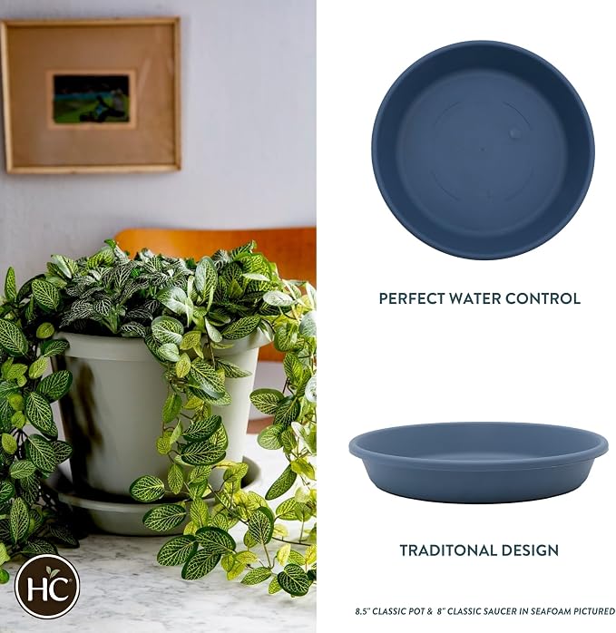 The HC Companies Flower Pot Saucers - Plastic Plant Saucer for Outdoors & Indoors - Traditional Design Plant Pot Trays for Water Drainage - Durable & Stylish Round Plant Tray (14-inch Slate Blue)