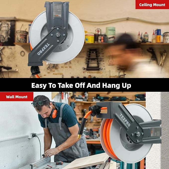 Retractable Air Hose Reel, 3/8 IN x 50FT Hybrid Air Hose Max 300 PSI, Air Compressor Hose Reel with 5 ft Lead in, Ceiling/Wall Mounted Air Hose Reel,Heavy Duty Air Tool