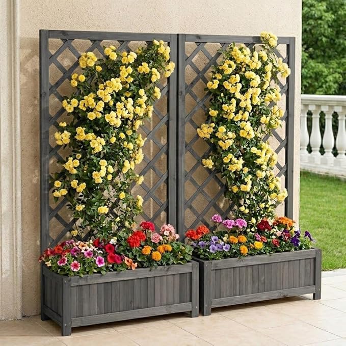 Wooden Raised Garden Bed with Trellis, 47" Outdoor Planter Box for Climbing Plants, Vertical Modern Gray Garden Planter for Vegetables, Flowers & Vines, Lattice Plant Support for Patio Yard Balcony