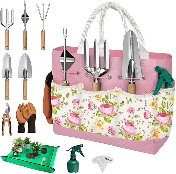 22PCS Garden Tools Set for Women,Birthday Gifts for Mom Wife Grandma,Heavy Duty Hand Tool Kit Gardening Supplies Included Handy Tote Bag/Trowel/Repotting Mat/Rake/Pruner/Gloves/Plant Tags -Pink