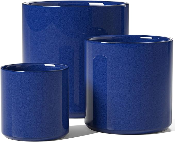 LE TAUCI 10+8+6 Inch Ceramic Pots for Plants, Indoor Planters with Drainage Hole and Plug, Modern Cylinder Flower Pots Set of 3 for Office and Living Room, Glossy, Midnight Blue