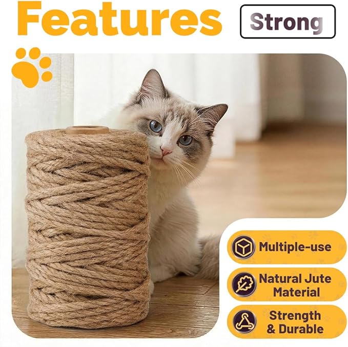 Jute Rope 6MM x 80FT Heavy Duty and Thick Twine Rope for Crafts Projects Gardening Bundling Cat Scratcher Scratching Post Tree Gift Wrapping Home Christmas Decoration (Brown 6mm* 80ft)