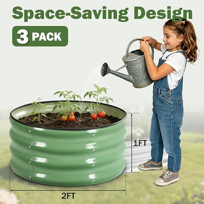 3 PCS Round Raised Garden Bed 2x2x1 ft, Metal Outdoor Planter Box Kit with Safety Rubber Edge, Easy Assemble Bottomless Small Planting Container for Vegetable, Flower, Fruit, Green