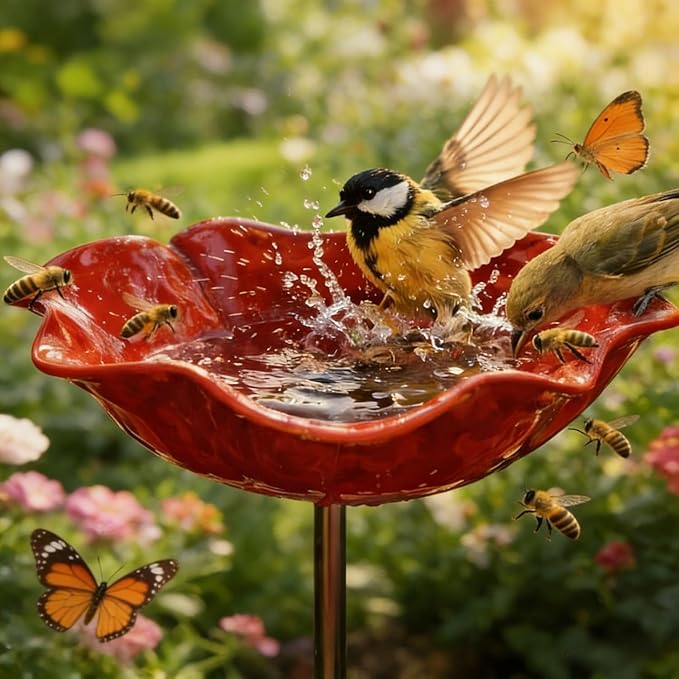 Metal Flower Garden Stakes Bird Bath Handmade, Bee Watering Station, Bees Bath for Garden Metal Bee Water Feeder with Flower Design, Colorful Butterfly Bees Bath Bowl for Outdoor Yard Decor