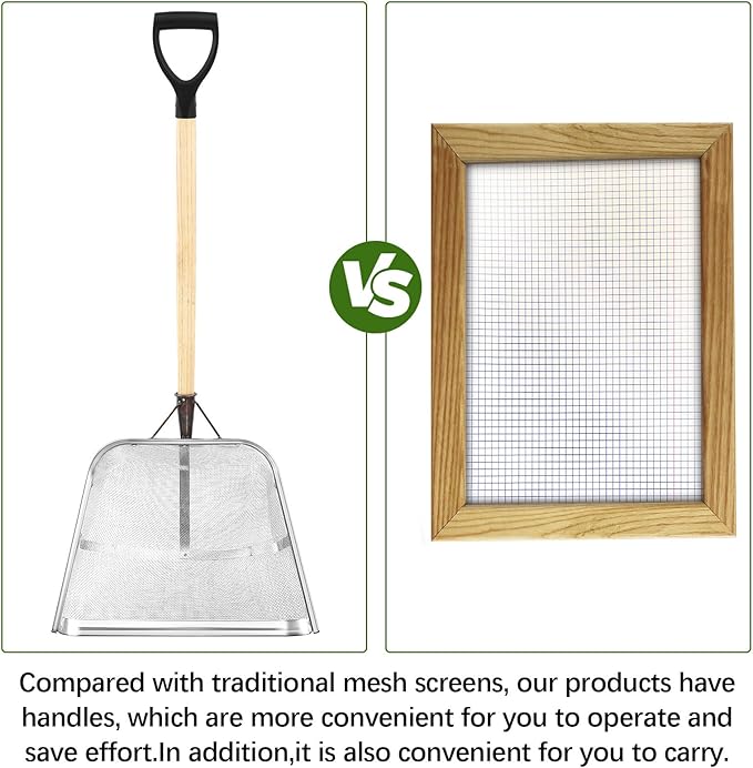 Teenyyou Leaking Soil Shovel Filter 0.08 Inch/ 2 mm Mesh 43.3''L Chicken Poop Scooper Stainless Steel Sieve Sifting Shovel with D Grip Wood Handle for Gardening Farm Chicken Coop Goat Stall